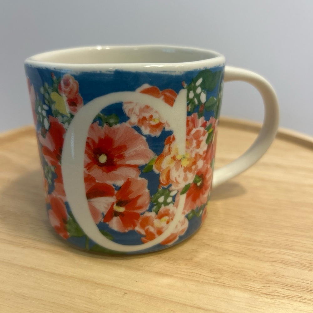 Anthropologie Dawn Monogram Mug Initial C Watercolor Blooms Blue Coral